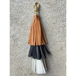 Leather Tassel Tricolor Purse Bag Accent Clip Brown Black White Fringe